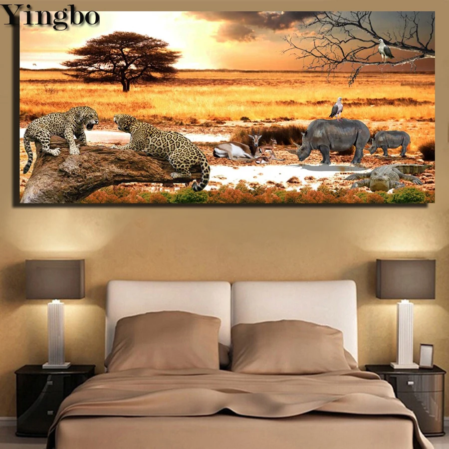 

Leopard and rhinoceros 5d diy Diamond painting African Grassland Sunset Landscape diamond mosaic Diamond Embroidery full square