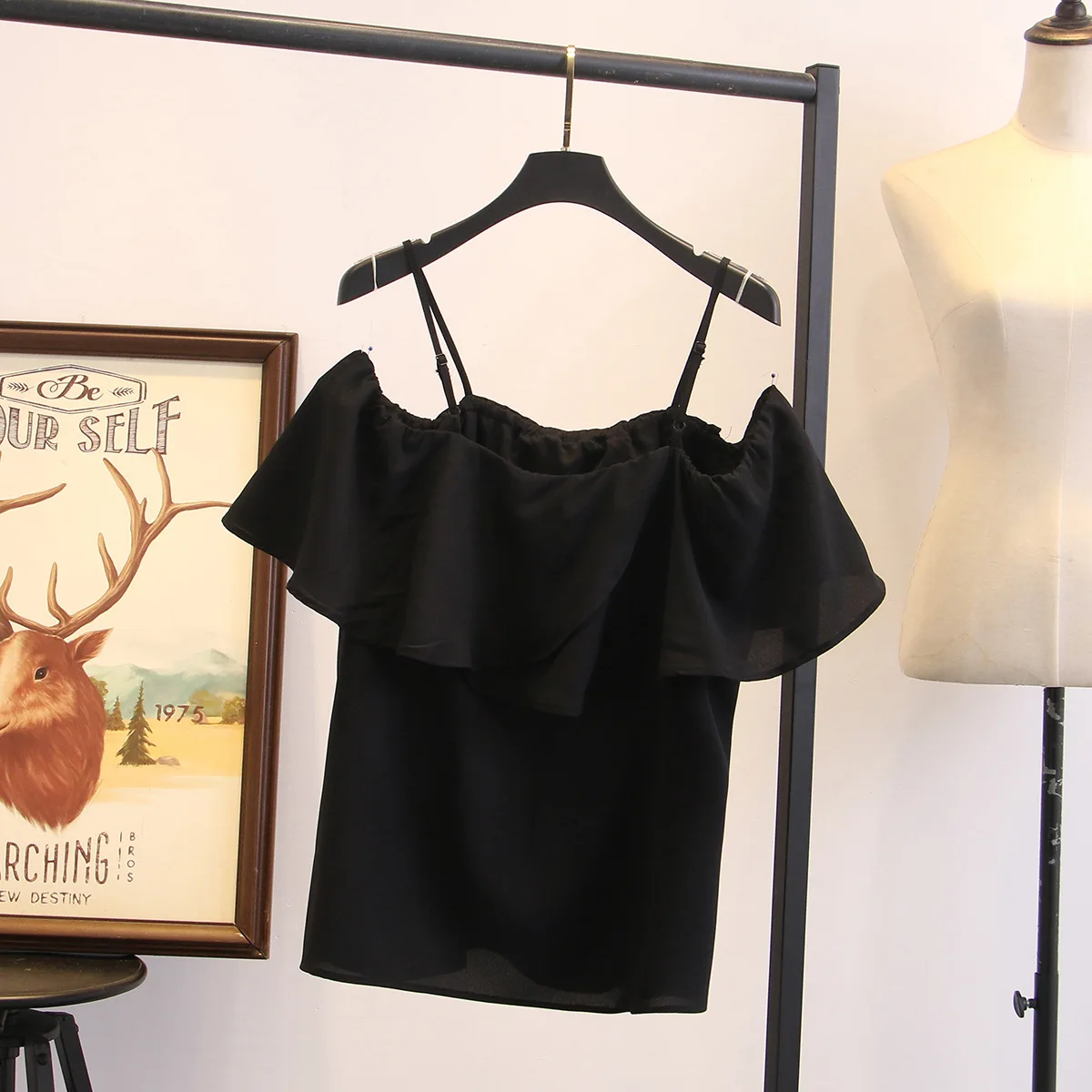 Женская свободная футболка на бретельках шифоновая размера плюс с оборками B19008