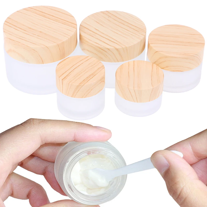 

Portable 5/10/15/30/50g Frosted Glass Jar Skin Care Eye Cream Jars Pot Refillable Bottle Cosmetic Container With Wood Grain Lid