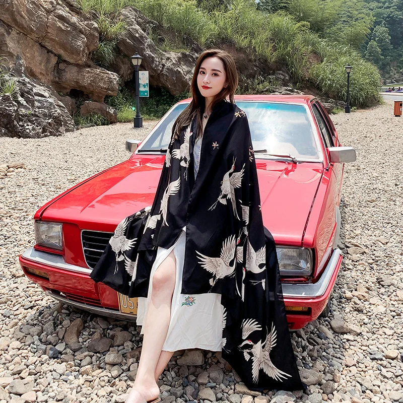 Кимоно FF2575 женское с красным журавлем традиционное японское юката Пляжная шаль в