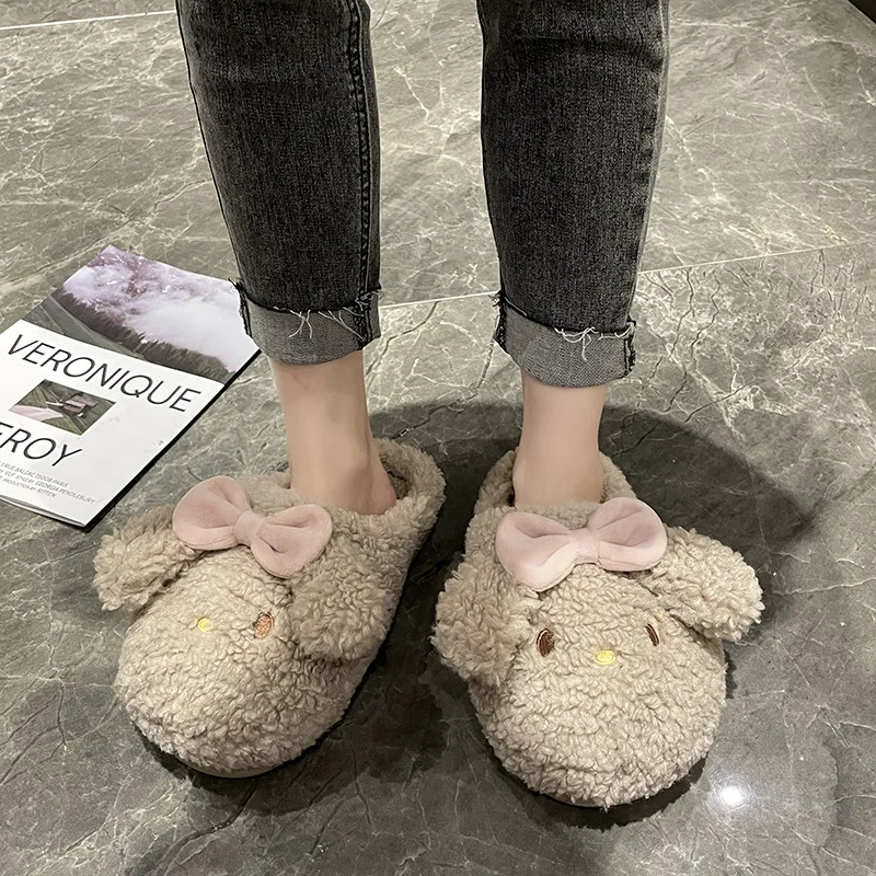 

Женские плюшевые тапочки для дома, мягкая теплая обувь на осень и зиму, с круглым носком, с бабочкой, Нескользящие, с х/б подкладкой, для щенка