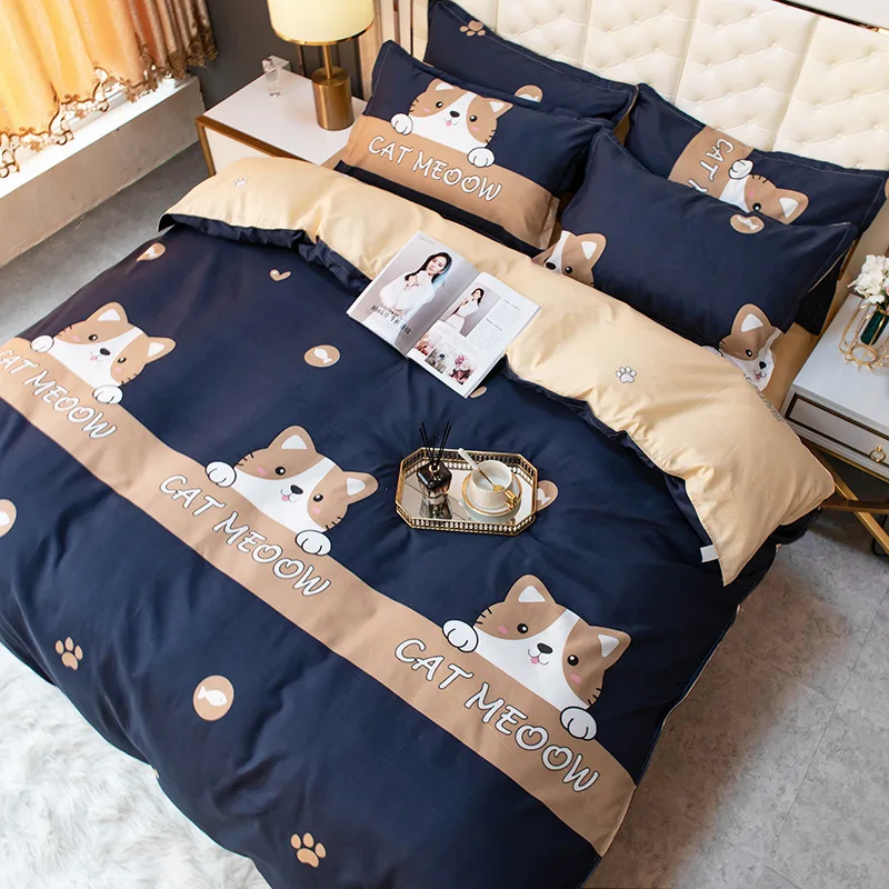 

ELKA King Size Bedding Set Simple Cartoon Style Washed Cotton Summer Bedding Linen Quilt Cover Three-piece/four-piece Oceania