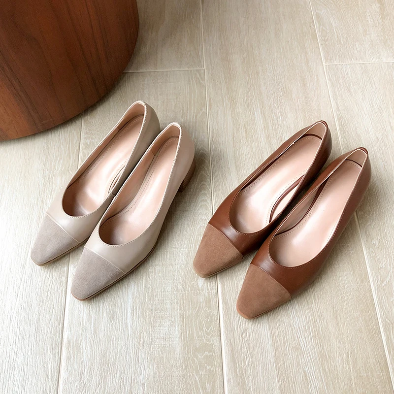 

Genuine Leather Slip-On Women Shoes Fashion Spring/Autumn Shallow Pumps Square Toe Thick Heel Handmade Shoes Women Size 34-40