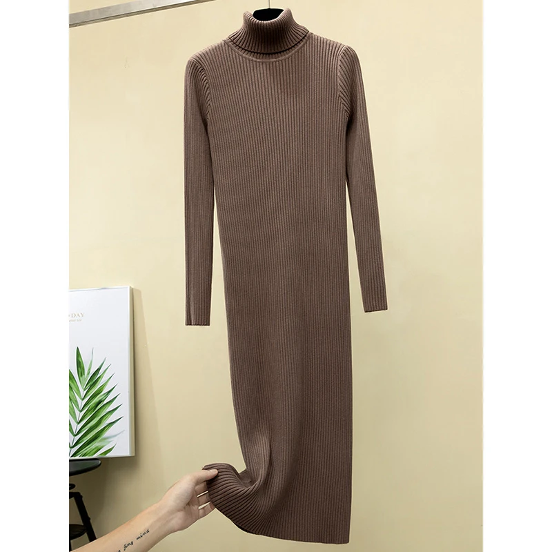 

Turtleneck Long Solid Knitted Dress Women 2020 Autumn And Winter Thick Elegant Slim Long Sleeve Vestidos