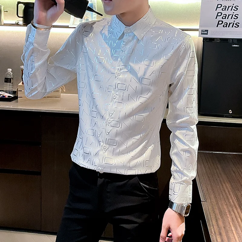 

2021 Letter Print Shirts for Men Baroque Slim Fit Party Club Shirt Male Camisa Homem Social Party Long Sleeve Shirt Blouse Homme