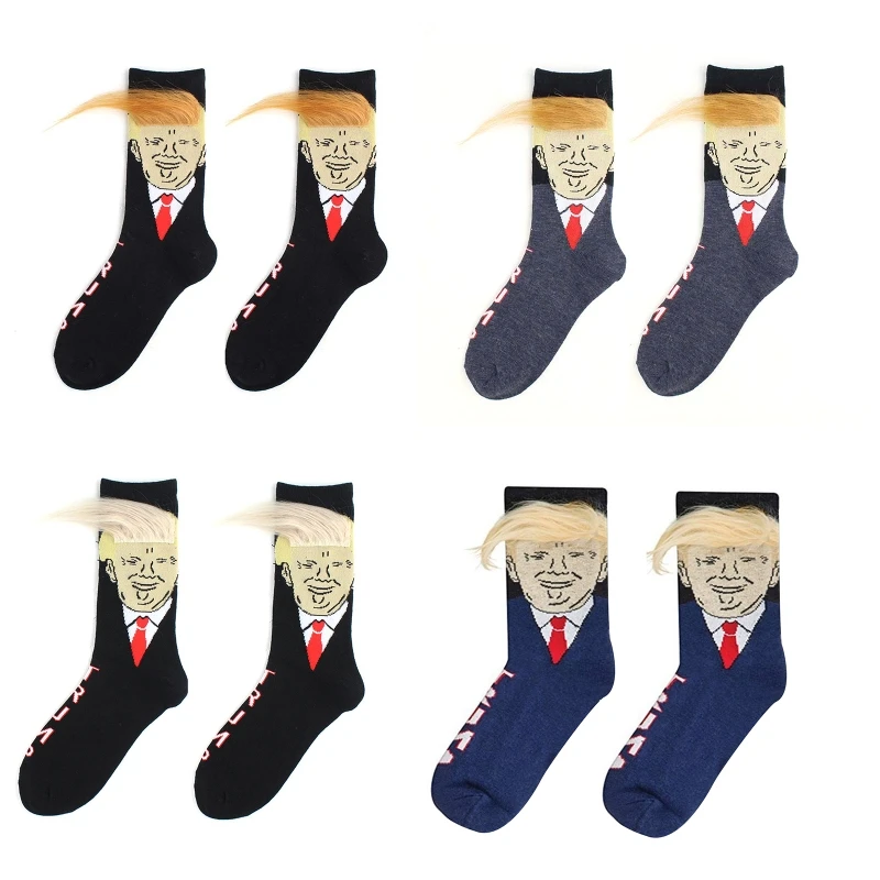

68UA Spoof Funny President Socks with 3D Fake Hair Crew Socks Men Socks Streetwear Hip Hop Cotton Socks Middle Tube