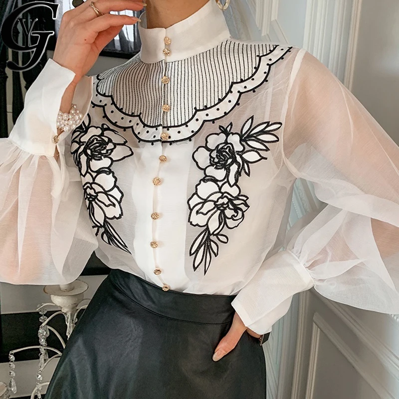 

2021 Vintage Stand Collared Women Shirts Blouse Elegant Flower Embroidery Transparent Sleeve Sexy Ladies Tops Femme Blusas Mujer