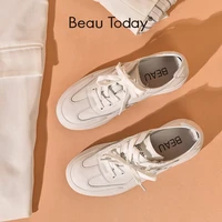 beautoday white sneakers women genuine cow leather round toe lace up closure ladies retro casual flat shoes handmade 29062