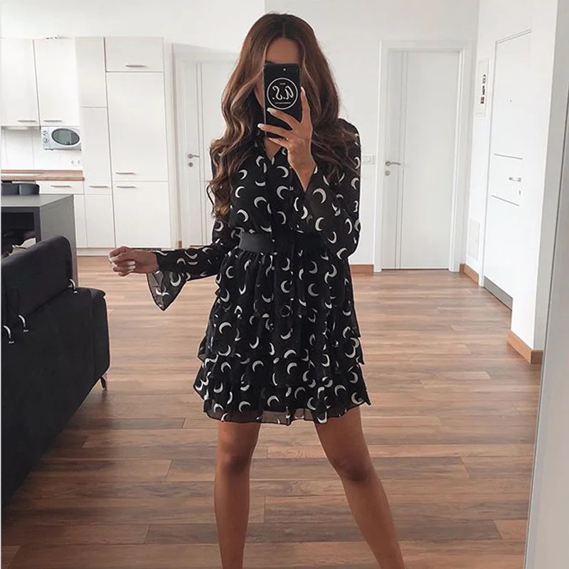 Женское шифоновое мини-платье MOARCHO черно-белое платье с v-образным вырезом и