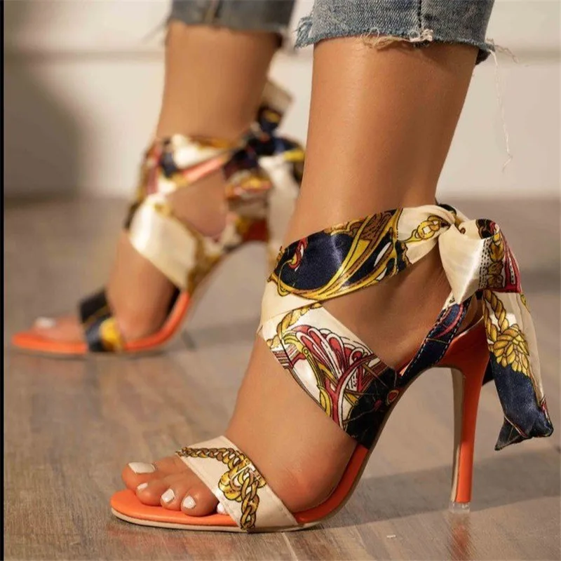 

2021 Women Summer Sandals Bowknot High Heel Open Toe Shoes Female Fashion Gladiator Ankle Strap Street Photo Lady Footwear