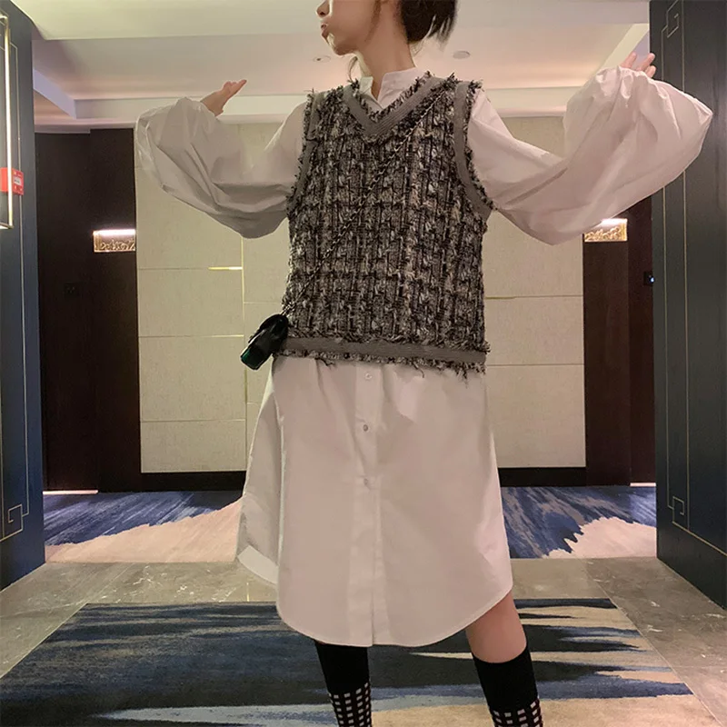 

DEAT Women White Big Size Bandage Blouse New Stand Collar Long Puff Sleeve Loose Fit Shirt Fashion Spring Autumn 2021 2F0304