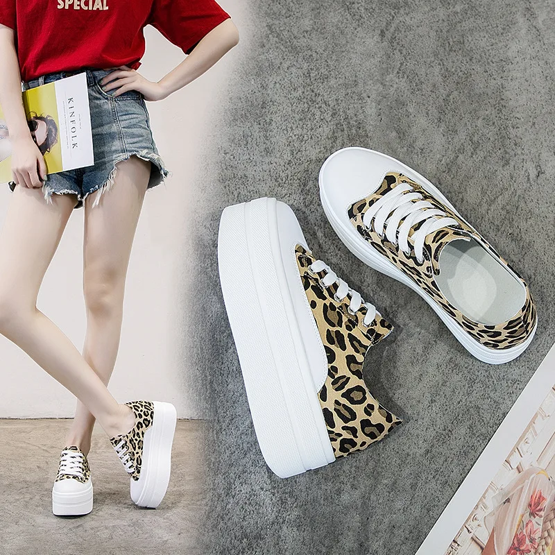 

New Leopard print women's breathable canvas increased walking shoes thick bottom Korean genuine leather sneakers women ZP-85