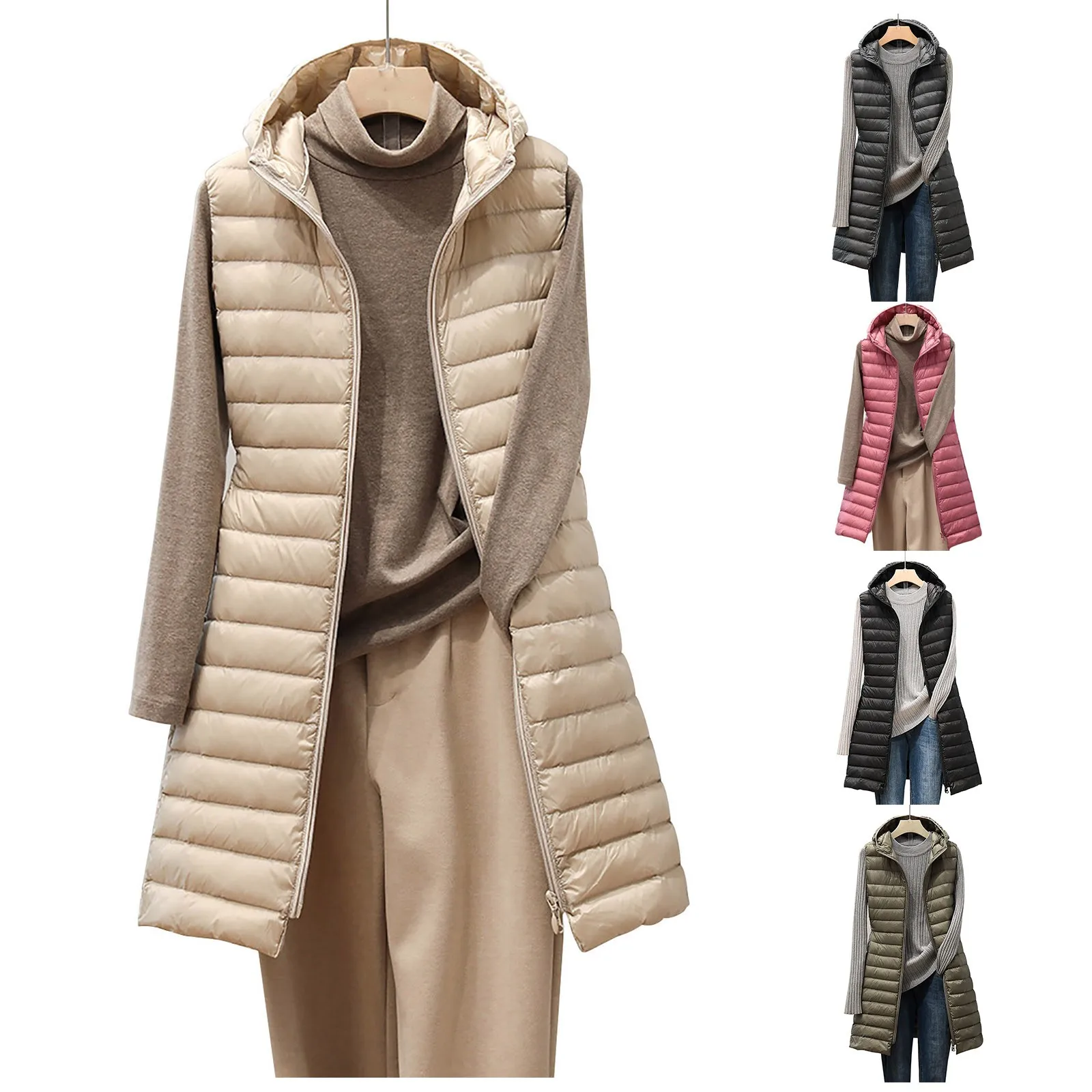 

Women's Lightweight Mid-length Hooded Down Vest Down Jacket Hooded Vest Windproof Warm Waistcoat Female Down Coat Long Slim#8