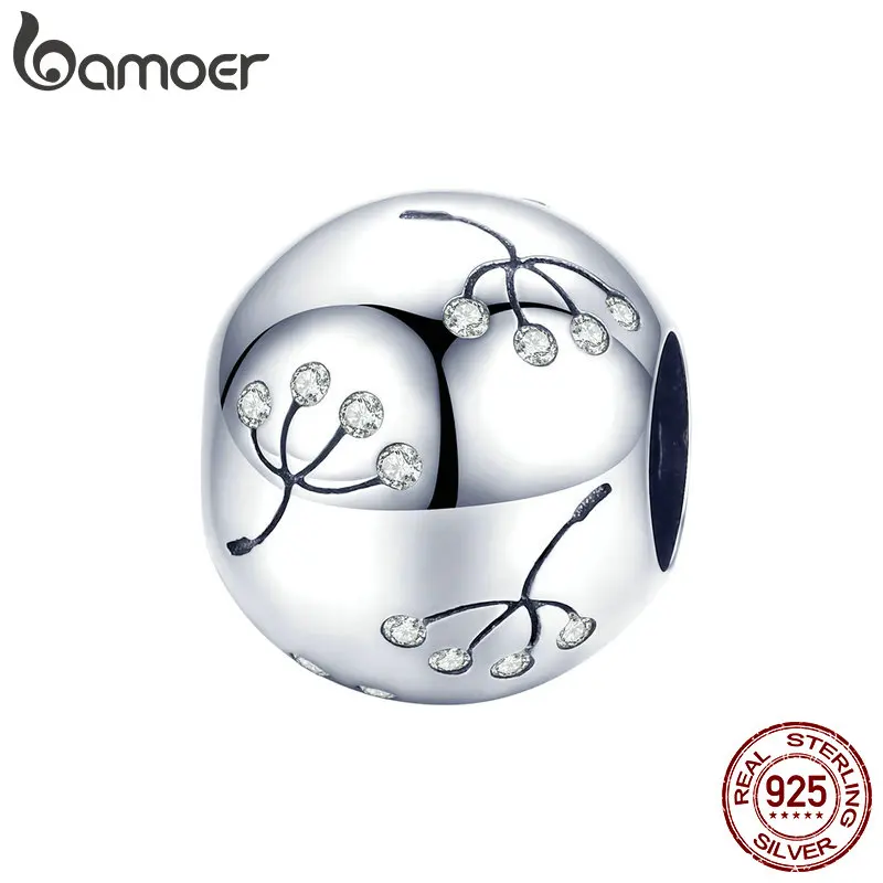 BAMOER 925 пробы Серебряный цветок одуванчика круглые бусины талисманы подходят для женщин серебряные браслеты-обручи ювелирных изделий BSC053