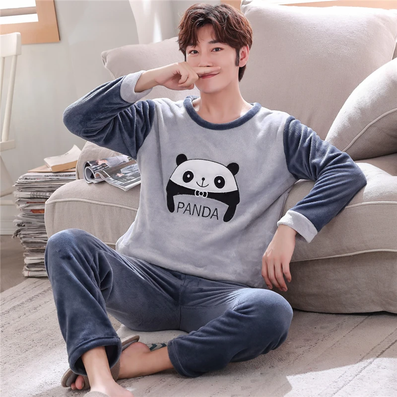 

Winter Men Long Sleeve Flannel Pajamas Set Round Neck Panda Print Pajama Thick Coral Velvet Sleep Wear Male Warm Pyjamas Set