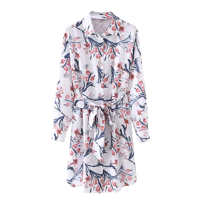 

Fashion 2021 New Summer Casual White Floral Shirt Dress Ladies All Match Long Sleeeve Lace Up Print Long Dresses For Women