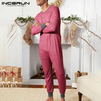 incerun men leisure pajamas jumpsuit striped long sleeve o neck button rompers homewear 2021 cozy overalls mens sleepwear s 5xl