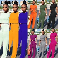 linling sexy open waist round neck short sleeve pocket solid short vest wide leg trousers matching suit