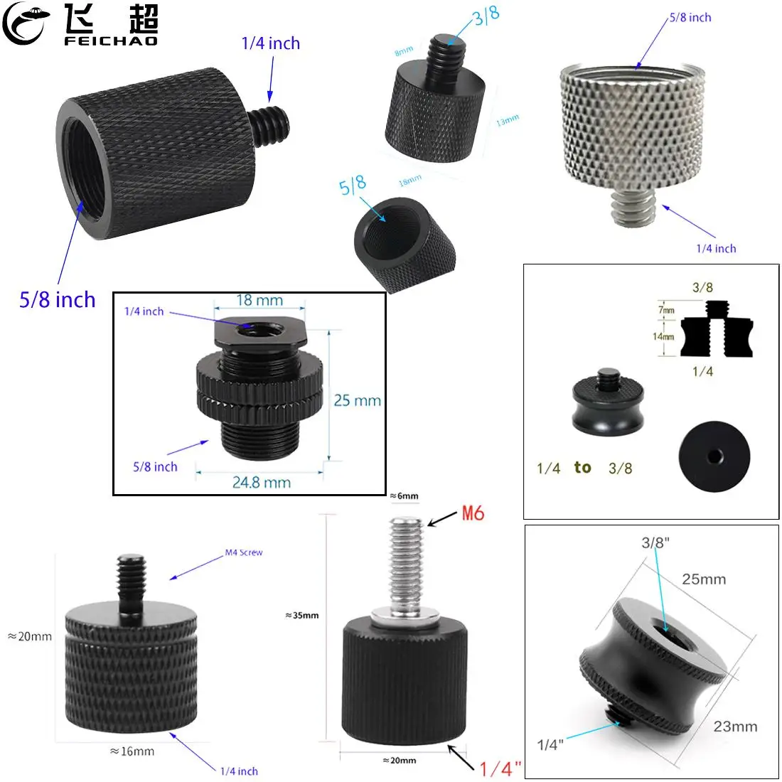1x 5/8 &quotЖенский до 1/4&quot 3/8 &quotнаружная резьба Винт M6 Крепление Адаптер для