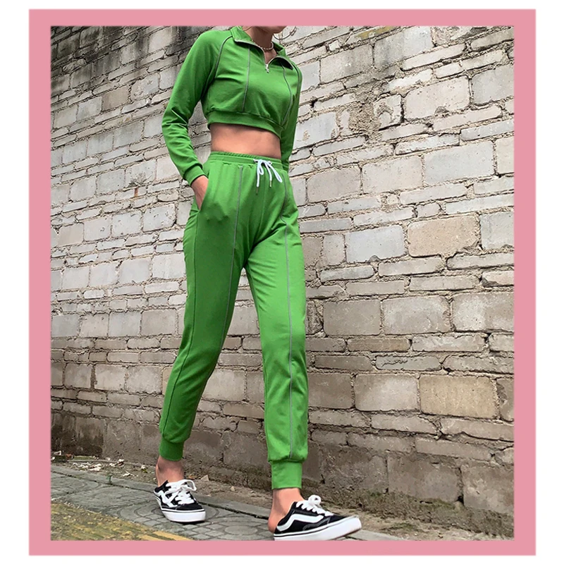 Новый Модный Черный Зеленый сексуальный спортивный костюм на молнии Короткая