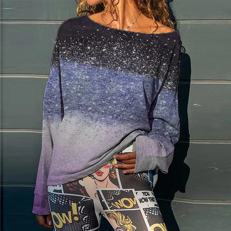 

Осенний Женский пуловер с длинным рукавом, топы, Повседневная Свободная рубашка с воротником-лодочкой, модная блуза в стиле пэчворк, с гради...