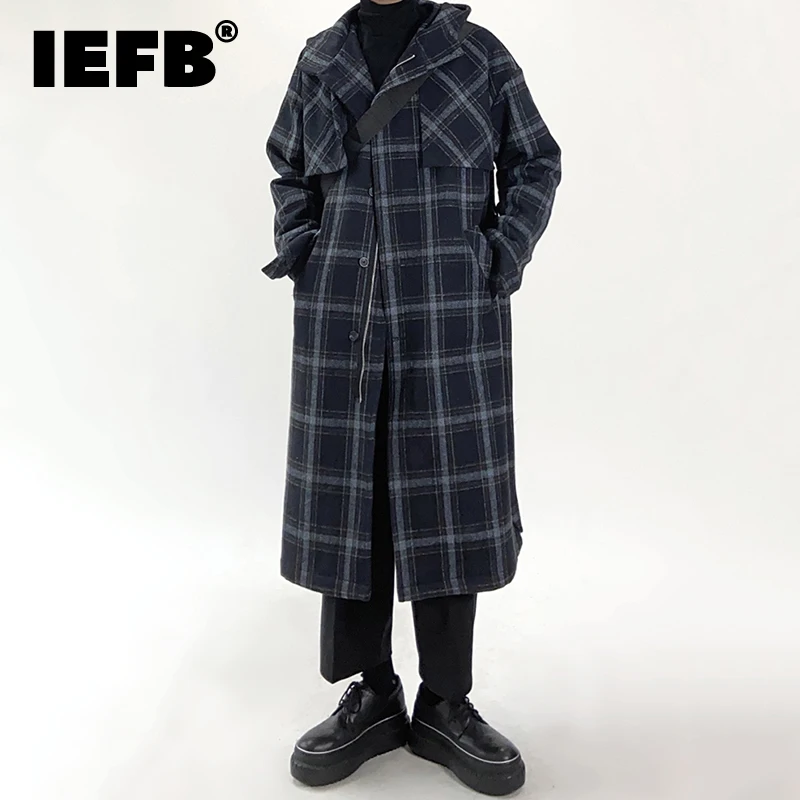

IEFB Autumn Winter Tweed Coat Men's Medium-length Design Coat 2021 New Checked Coats Hooded Belted Jackets Zipped Single Breast