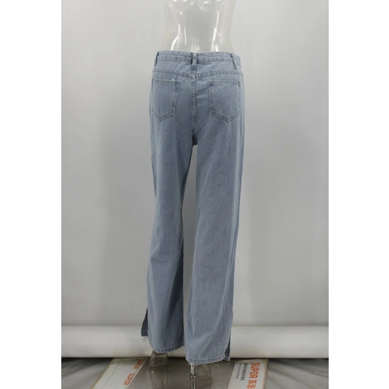 

WEPBEL Solid Color Slim Jeans Women's Casual Pocket Jeans Summer Fashion Mid Waist Button Split Denim Flares Pants