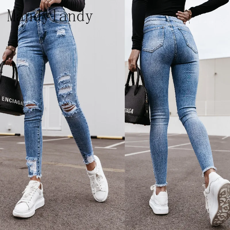 

Mandylandy Women Jeans Mid Wear Skinny Pencil Denim Pants Slim-Fit Denim Trousers with Washed Holes Fashion Ladies Casual Pants