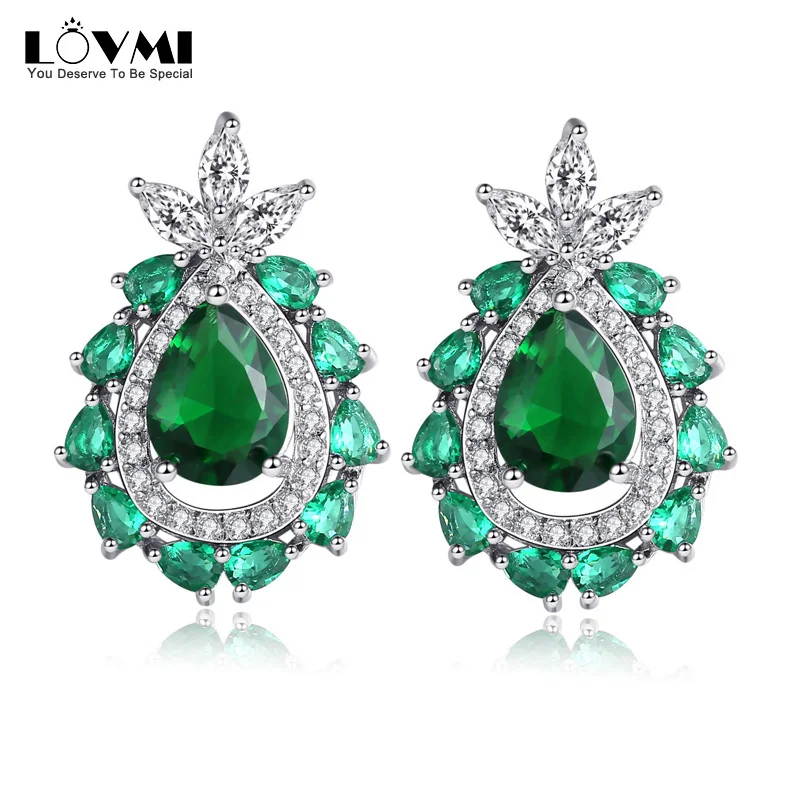 

2021 Elegant Water drop Emerald Gemstones Zircon Stud Earrings For Women Geometric Green Crystal Accessories Jewelry Dropship