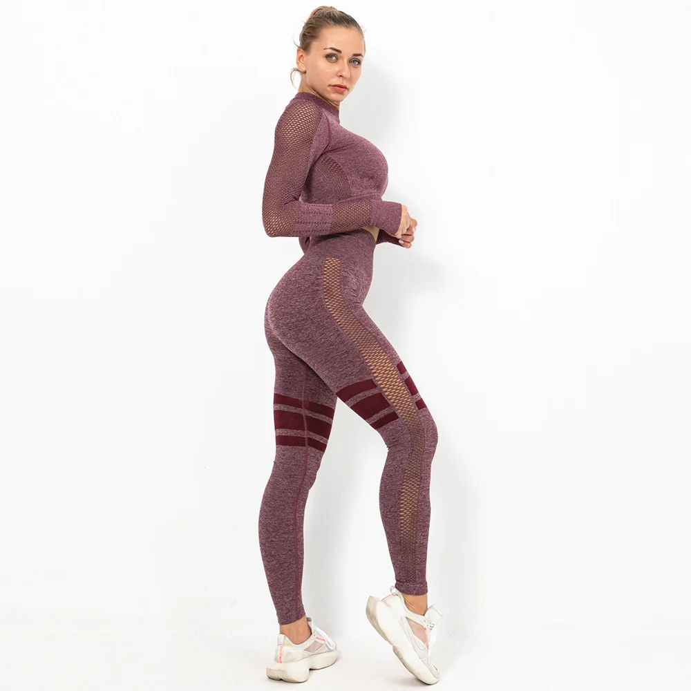 Бесшовный Женский Набор для йоги йога с длинным рукавом + длинные штаны набор