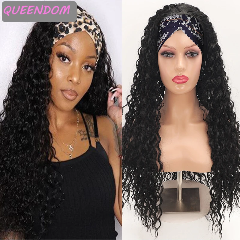 

26 Inch Deep Water Wave Head Wrap Wig Long Synthetic Water Wave Wig with Turban Natural Hair Heat Resistant Lolita Headband Wigs