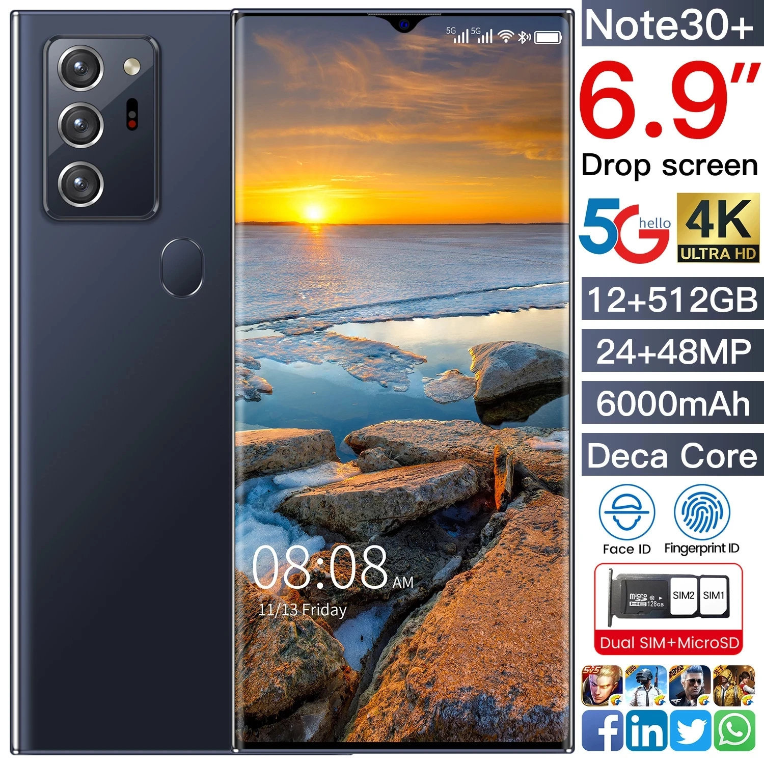 

Smartphone Galaxy note 30 + 6.9 inch, 6000mAh, 12GB + 512GB, 865 Snapdragon, fingerprint unlock, Android 10.0, ultra-thin