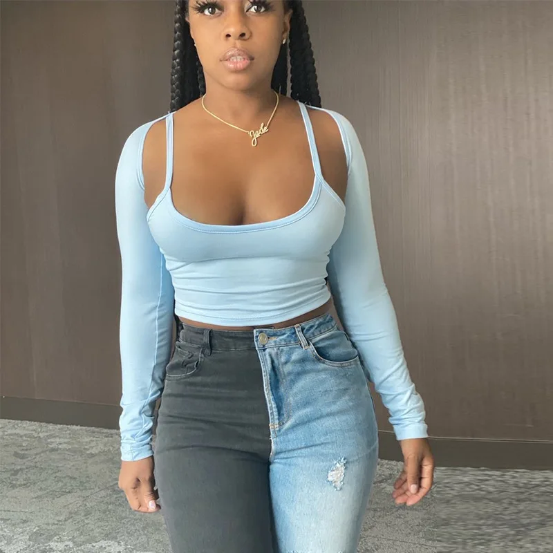 

VIBESOOTD Solid Long Sleeve Women Top 2 Piece Set Spring 2021 Sexy T-Shirts Streetwear Camis Crop Top Women's Clothing