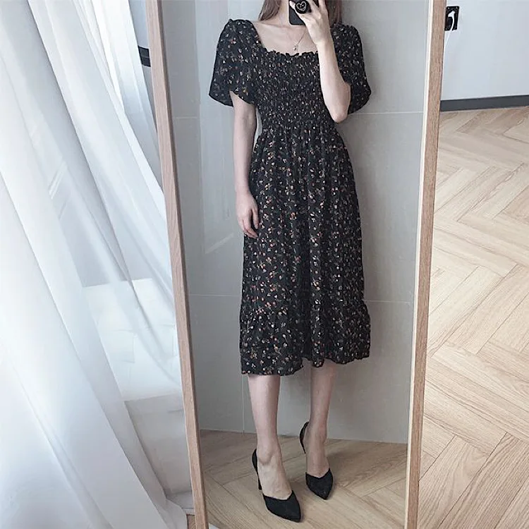 

COIGARSAM Floral Print Women dress Flare Sleeve Dresses Yellow Black 02620
