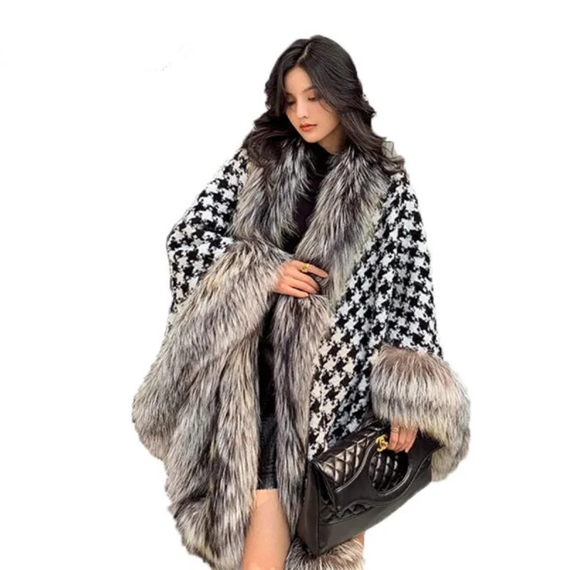 

2022 Winter Import Sliver Coat Women's Big Losse Soft With Plaid Medium Natural Real Fox Fur Cloak Coats