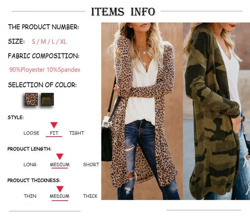 

Womens Long Sleeve Loose Cardigan Leopard Kimono Blouse Tops Coat Jacket Outwear Leopard Kimono Shawl Tops Blouse Coat Jacket
