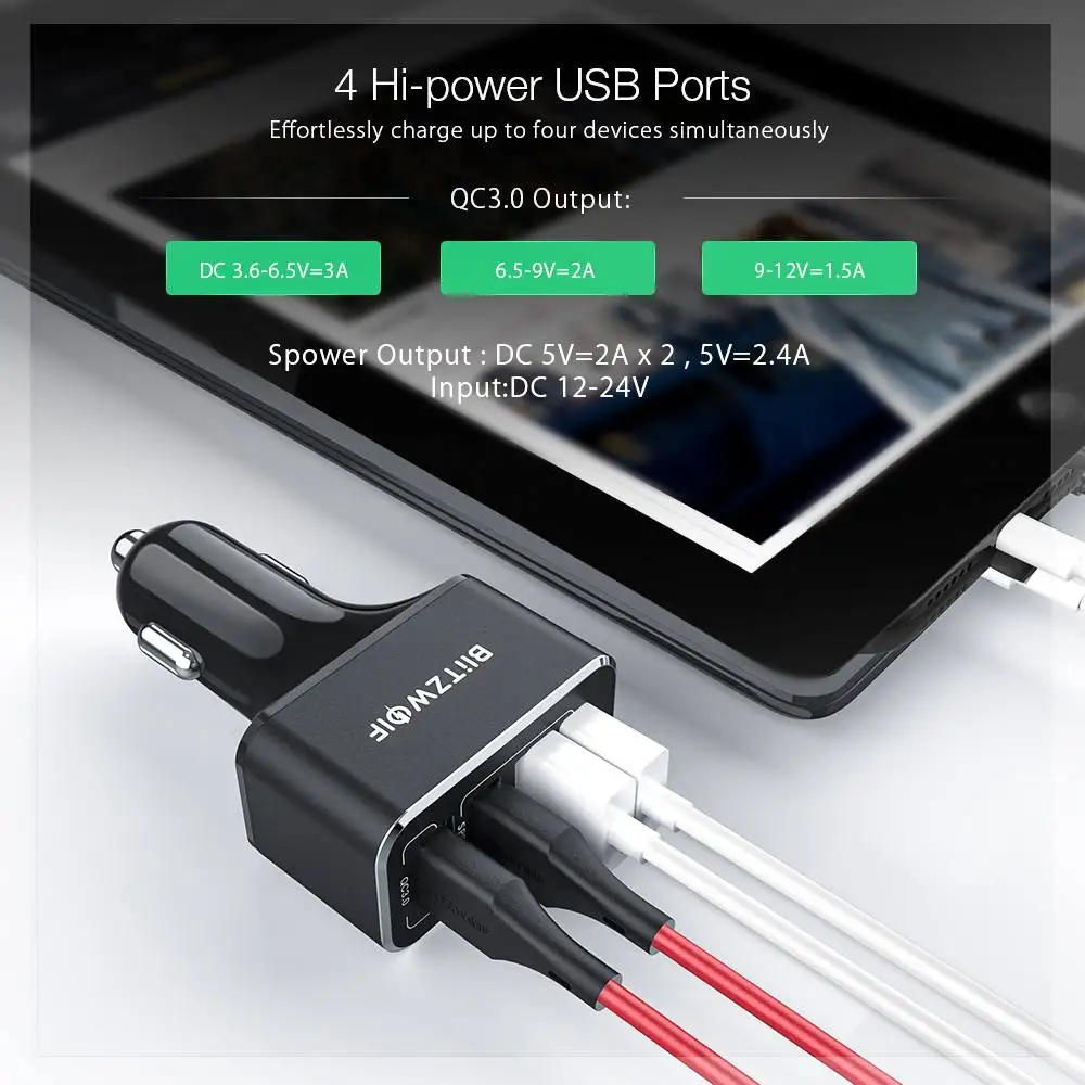 Автомобильное зарядное устройство BlitzWolf USB 4 USB-порта 50 Вт QC3.0 быстрая зарядка для