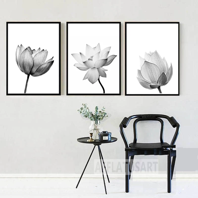 Черный белый цвет лотоса Nordic плакат Wall Art Холст Картина Плакаты и принты