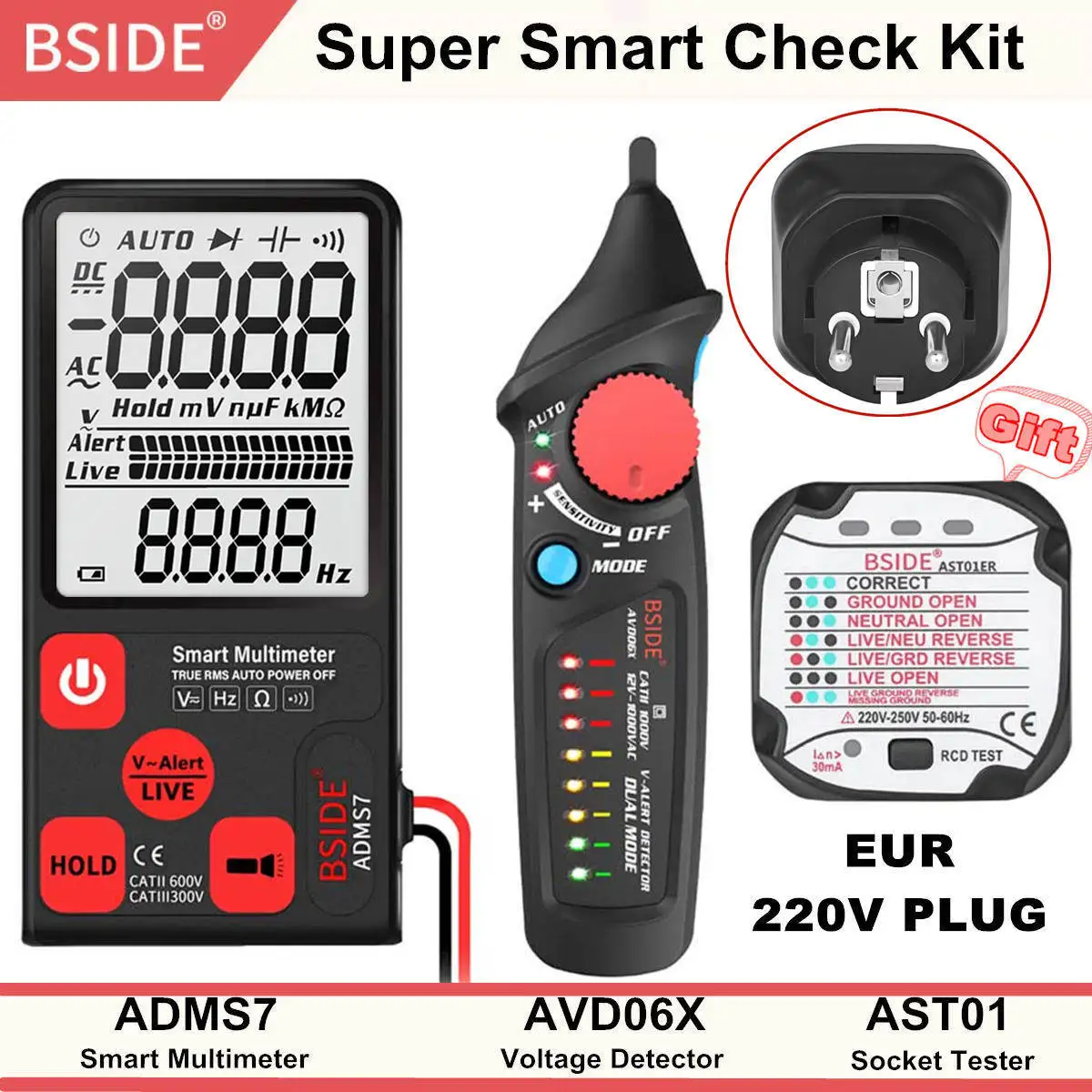 EUR Kit BSIDE ADMS7 Напряжение тестер 3,5 ''большой ЖК-дисплей цифровой Смарт мультиметр 3 он-лайн Дисплей TRMS 6000 отсчетов DMM с Аналоговая гистограмма - Цвет: EUR Kit