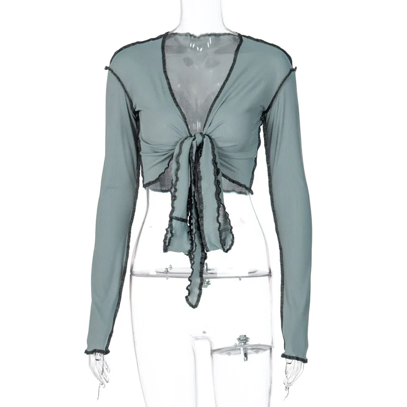 Autumn Female Bow Tie Up Deep V-Neck Long Sleeve Cardigan Crop Blouse Tops for Women 2020 Fall Fashion Sexy Woman Shirts | Женская
