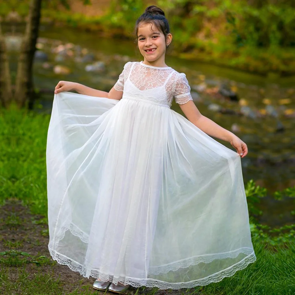 

Puff Sleeve Flower Girl Dresses 2022 New Tulle Baby A-Line Christmas Prom Gown O-Neck Lace Kid Birthday Dress платье для девочки