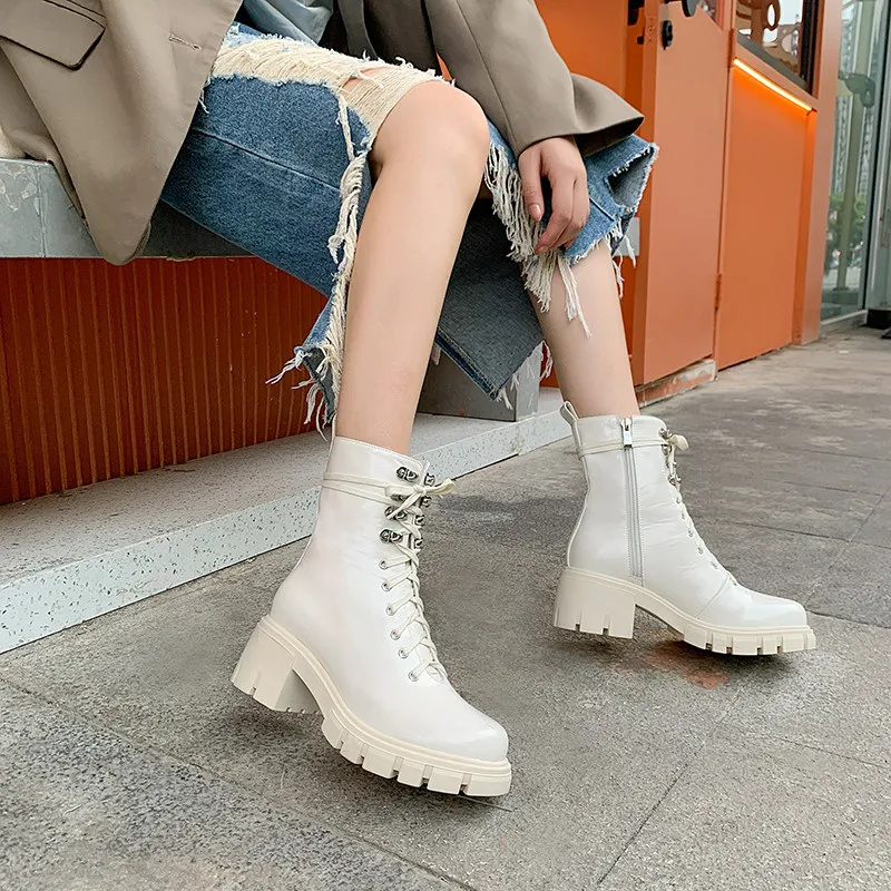 

Asumer 2020 top quality patent leather ankle boots women cross tied zip punk shoes autumn winter casual platform shoes woman
