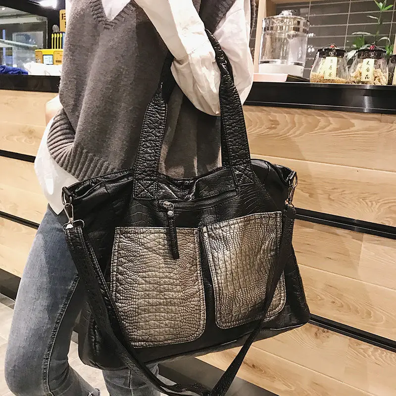 

Large Pocket Women Big Shoulder Bag 2021 Brand Crocodile Pattern PU Leather Handbag Contrasting Color Sac A Main Luxury Bag It A