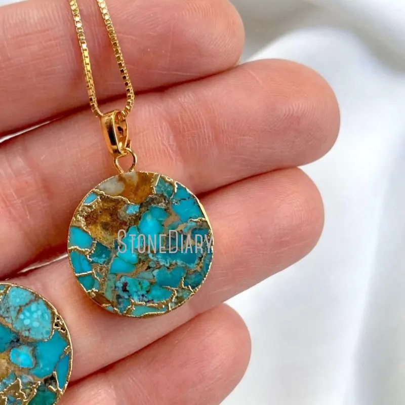 Золотое ожерелье NM36556 из необработанной бирюзы ожерелье-медальон круглой формы