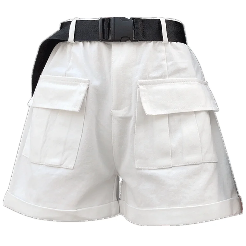 

High Waist Cargo Shorts With Belt Solid Big Pockets Women Shorts Wide Leg Shorts Loose Shorts 2020 Summer Shorts Female DK6062