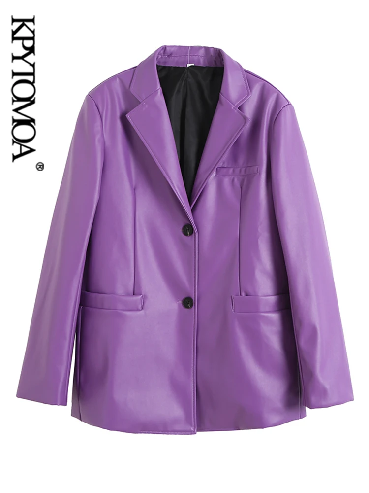 

KPYTOMOA Women Fashion Faux Leather Loose Fitting Blazer Coat Vintage Long Sleeve Welt Pockets Female Outerwear Chic Veste Femme