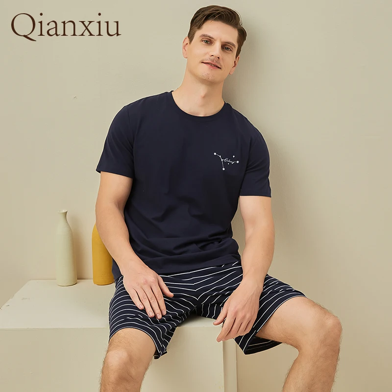 Summer Fashion Men's Navy Blue Striped Round Neck Pajamas Set Fashion Short-Sleeved Shorts Refreshing Home Clothes