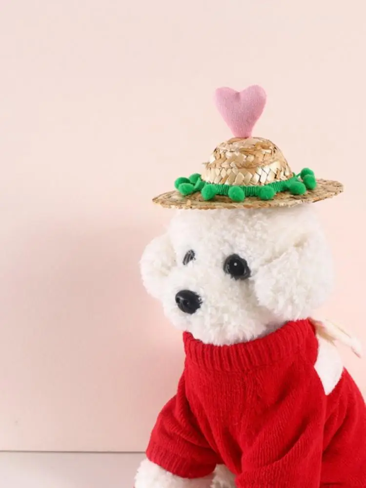 

et Sunshade Straw Hat Cat Summer Woven Sun Hat with Cute Love Ball Outdoor Beach Party Style Puppy Kitten Caps Pet Supplies