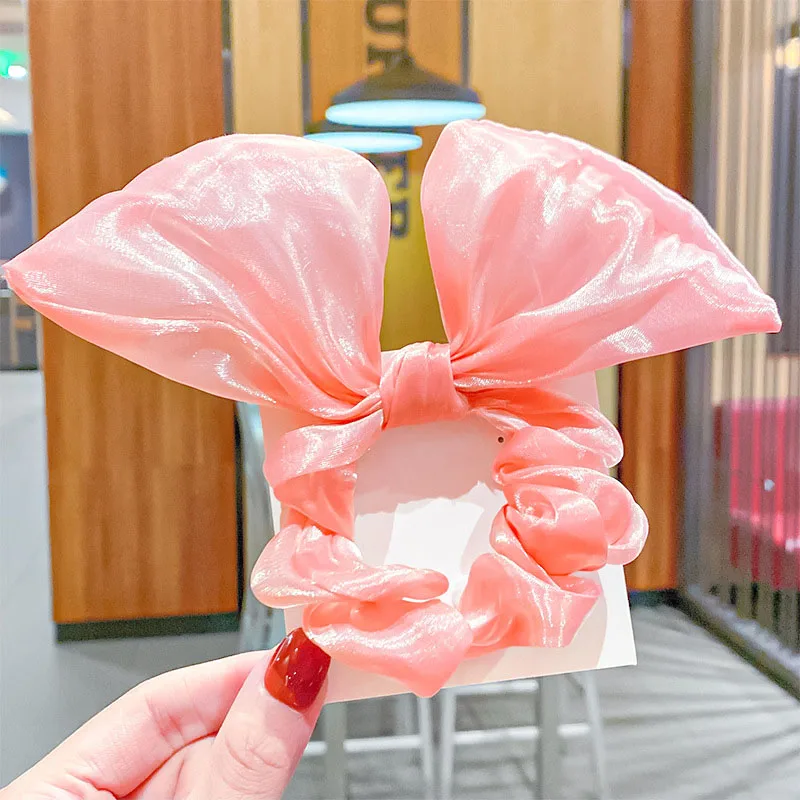 

Solid Bright Silk Chiffon Rabbit Ears Bow Scrunchie Hair Tie Rubber Bands Headband 2021 Fashion Hair Bands Hair Accessories