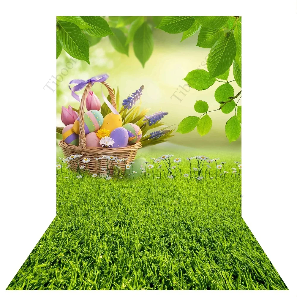 

Easter Spring Photography Backdrop Flower Colorful Eggs Green Tree Lawn Grass Background Birthday Festival Party Banner Decor